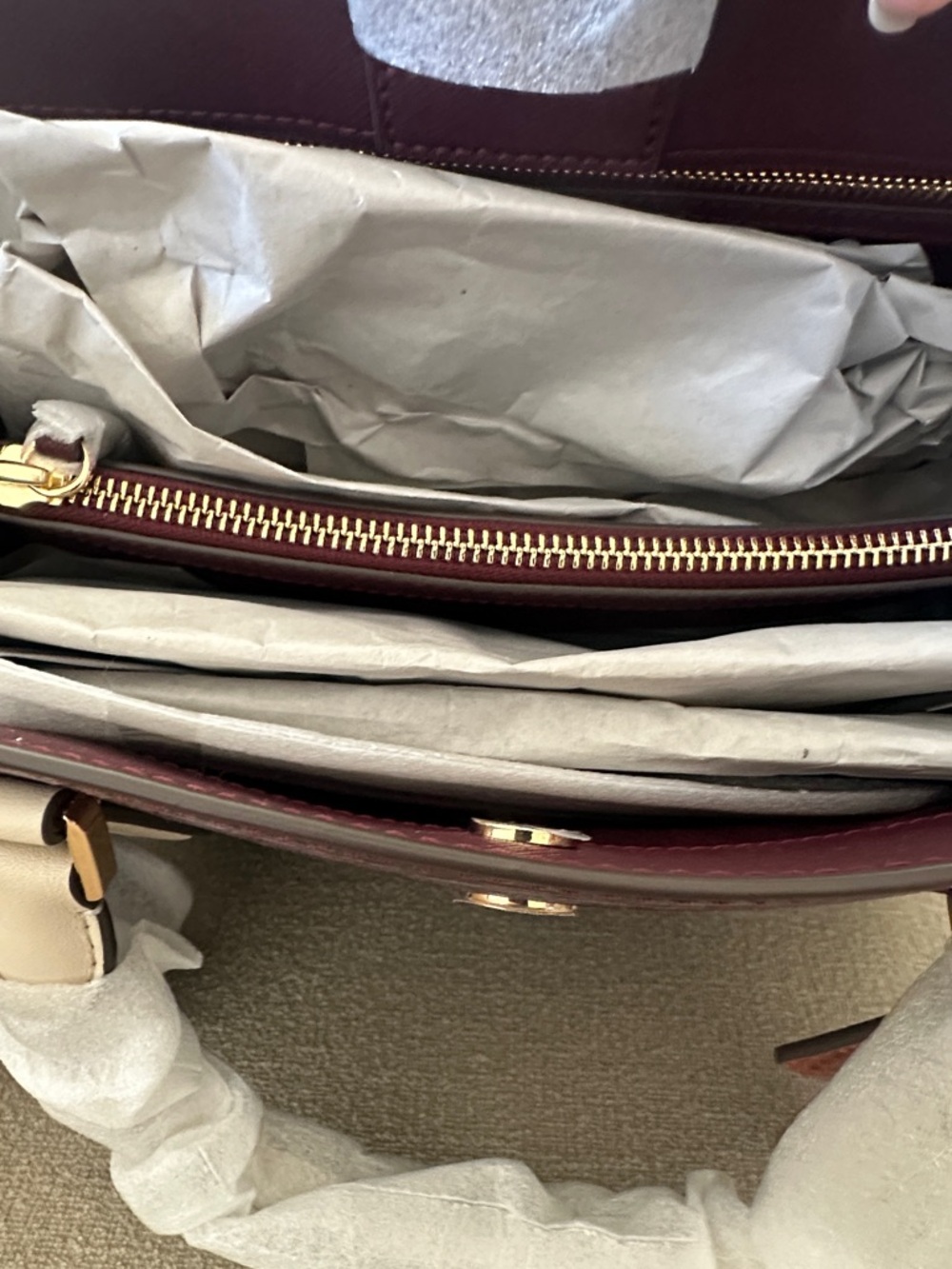 NWT Tory Burch Black and Burgundy Satchel with Tan Handles and Orange Charm - Picture 12 of 12
